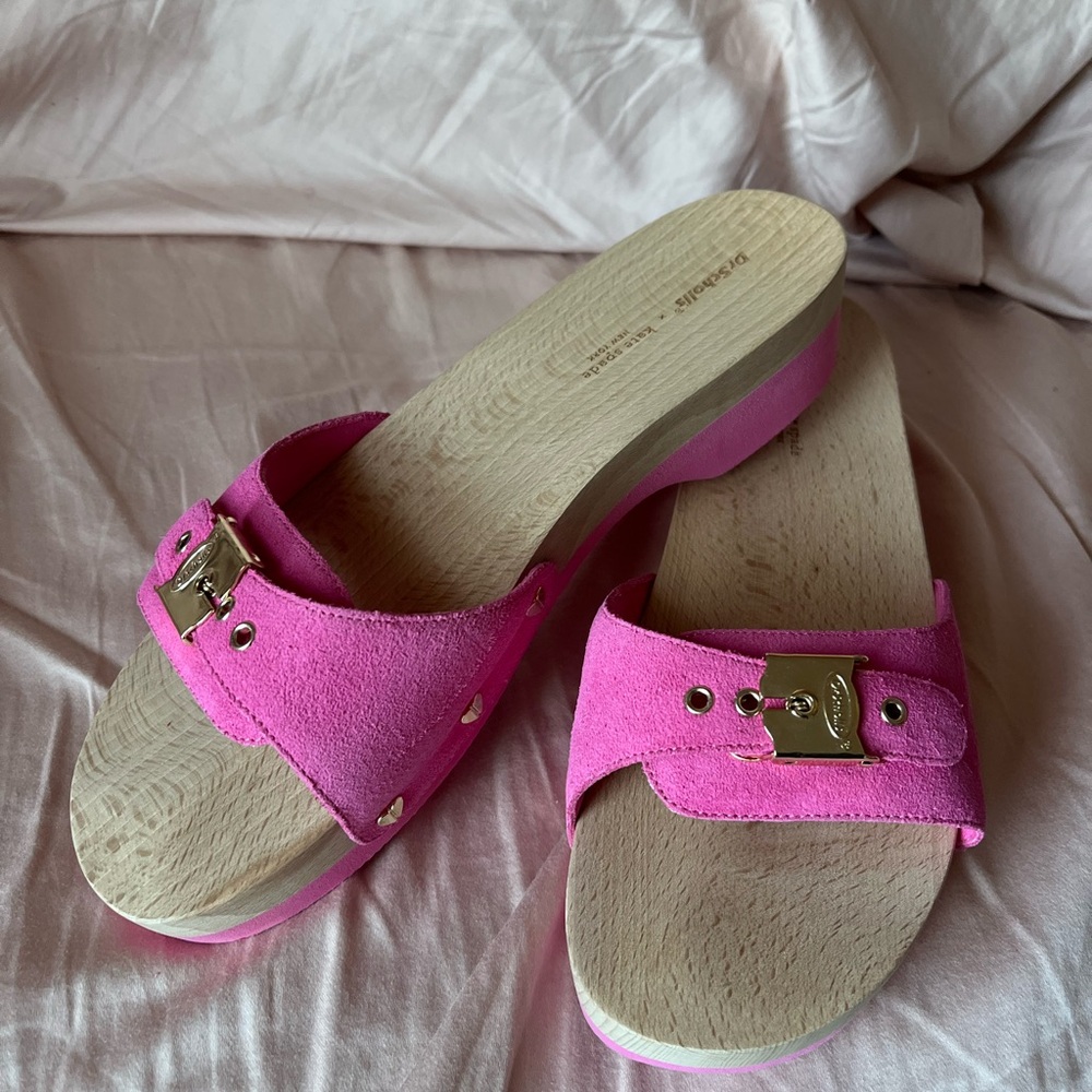 kate spade x dr. Scholls Bright Pink Suede Slide Clogs with Gold Hardware